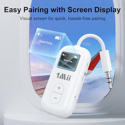 1Mii SafeFly Dual | Airplane Bluetooth Adapter for AirPods or Headphones, Bluetooth Transmitter with Screen, Volume Control, aptX Adaptive & HD, 3.5mm Aux Audio Jack for Airplane, Travel Flight