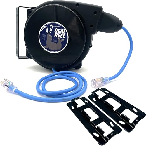 50ft. 12/3 SJEOOW Cable, Outdoor/Watertight, Retractable Cord Reel – Watertight, 20A Breaker, Retractable to 30°F, Includes 2 Mounting Brackets, 180° Swivel Mount.