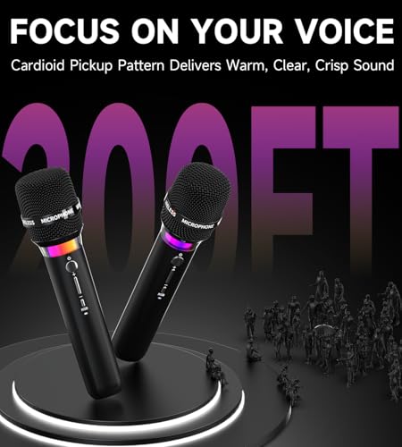 Wireless Microphone, Rechargeable Wireless Microphones with One-to-One Chip Connection and LED Lights, 40H Duration, 200FT Range Receiving, Less Latency Karaoke Microphone for Singing, Speech, Party - color: Black
