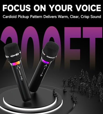 Wireless Microphone, Rechargeable Wireless Microphones with One-to-One Chip Connection and LED Lights, 40H Duration, 200FT Range Receiving, Less Latency Karaoke Microphone for Singing, Speech, Party - color: Black
