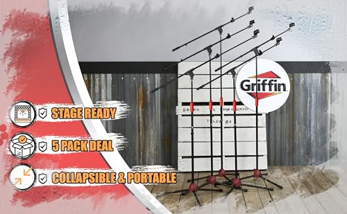 GRIFFIN 5 Pack Mic Boom Stands with Telescoping Arms & Microphone Clips (StageLOCK Series) – Adjustable Tripod Mounts for Studio, DJ, Karaoke Use