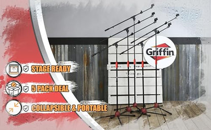 GRIFFIN 5 Pack Mic Boom Stands with Telescoping Arms & Microphone Clips (StageLOCK Series) – Adjustable Tripod Mounts for Studio, DJ, Karaoke Use