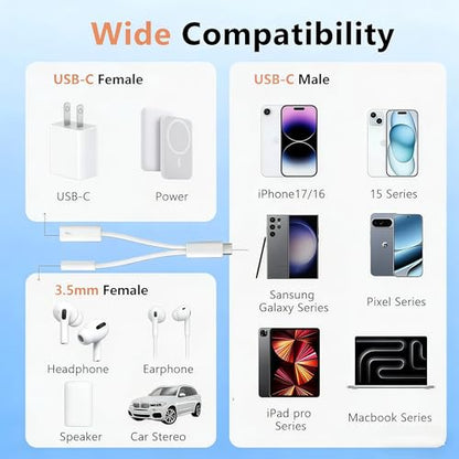 2 in 1 Usbc Splitter Aux and Charging Bundle [USB-c Splitter & USB C to 3.5mm Jack and Charger],PD 60W Fast Charging and Hi-Fi Audio,for iPhone 15 16 17/iPad Pro/Galaxy/Pixel