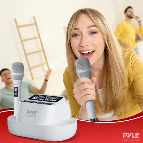 Pyle UHF Wireless Microphone System with Dual Handheld Mics, USB Rechargeable, Bluetooth Fixed Frequency Receiver, Low Noise DSP Audio, Plug & Play for Karaoke, Stage, Classroom, Office & DJ Use