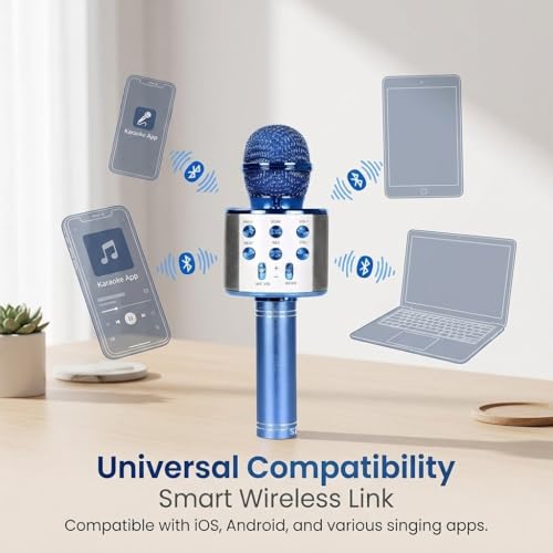 Wireless Bluetooth Karaoke Microphone Portable Handheld Mic Speaker 3-in-1 for All Smartphones Gifts Blue