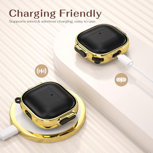 for AirPods 4 Case with Safety Lock, Magsafe Compatible, Gold/Black | Double Secure Lock,Drop Protection,Two-Piece Design,with Gold Keychain, Anti Lost, Dustproof, Cute AirPod 4 Case - color: Gold+Black, size: AirPods 4 Case