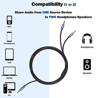 Audio Splitter 8 Feet 3.5mm Male to 2 Male Audio Splitter Cable TRS | Sapphire Blue, Gold-Plated, 1/8 Male to 2-Male Aux Headphone Splitter Cable for Smartphone, Computer, MP3, Earphone, Speakers - style: TRS Male Plug to 2 Male