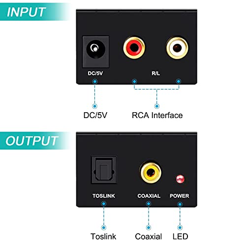 Musou RCA Analog to Digital Optical Toslink Coaxial Audio Converter Adapter with Optical Cable