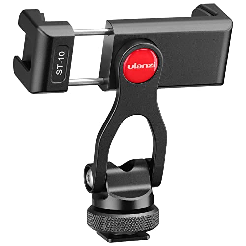 ULANZI Metal Phone Tripod Mount, Universal Cell Phone Clamp Stand Holder | 1/4" Screw& 2 Cold Shoe, Adjustable 360° Rotates for iPhone Android, ST-10 Smartphone Holder for Tripod, Mobile Photography