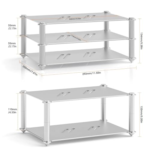 Aluminum HiFi Audio Stand, 3 Tier Stackable Audio Component Rack with Side Vent Cooling Slots, Anti-Slip Rubber Feet for Dac Amplifier Home