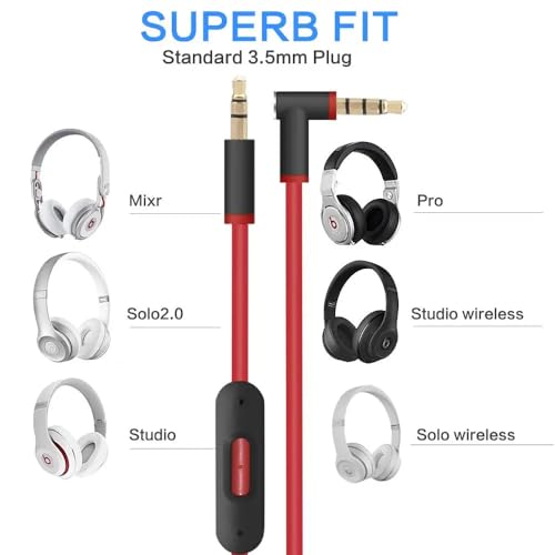 3.5mm Replacement Audio Cable for Beats Headphones - Compatible with Solo Pro/Studio/Executive/Mixr, Detox & Pill - in-Line Mic & Volume Control (Black/Red)