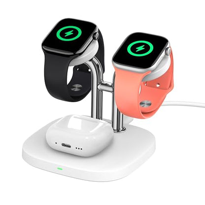 3 in 1 Dual Watch Wireless Charger Stand for Apple Watch Ultra/11 & AirPods | Dual magnetic watch charging, 5W Fast watch charge, Ergonomic design, Chrome plated plastic stand, Multi safety guard, 704A - color: White & Silver