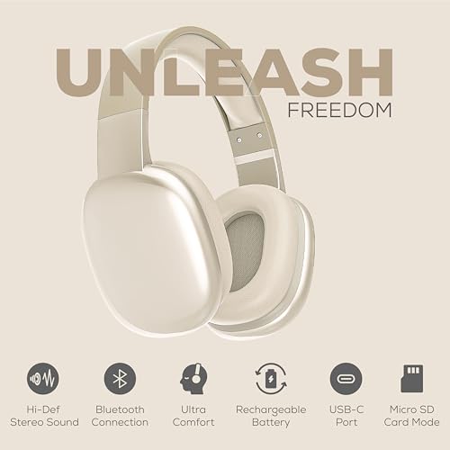 Gabba Goods Wireless Over Ear Bluetooth Headphones with Microphone - Wireless Headset -Noise Reduction - Bluetooth, Wired,Built in Micro SD for Travel, Home, Work TV,PC,Gaming,Cellphone (Beige) - color: Beige