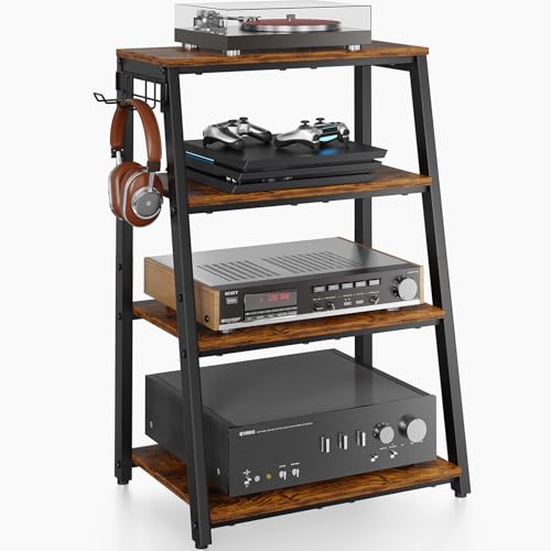 4-Tier AV Media Stand with 2 Hooks,Heavy Duty Stereo Cabinet Furniture-Large Stereo Rack and Game Console Stand,Wooden Record Player Stand,Audio Stand Perfect for DVD Players/Game Console/TV Box/Xbox - style: Regular