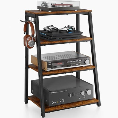 4-Tier AV Media Stand with 2 Hooks,Heavy Duty Stereo Cabinet Furniture-Large Stereo Rack and Game Console Stand,Wooden Record Player Stand,Audio Stand Perfect for DVD Players/Game Console/TV Box/Xbox - style: Regular