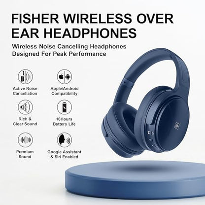 Fisher Pro Active Noise Cancelling Headphones,Over-Ear Headphones Wireless | Bluetooth 5.3, Microphone, Lightweight Comfortable Headset for Home, Travel, Rechargeable Workout Headphones, Deep Base - color: Navy Blue