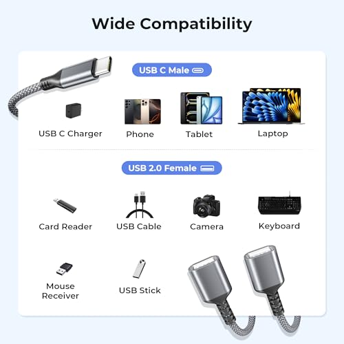 Basesailor USB C Male to Dual USB Female Cable 1FT,No Splitter,OTG Adapter - color: Gray, size: 1FT(0.3M), style: 1 in 2 out
