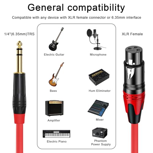 XLR Female to 1/4 (6.35mm) TRS Mono Jack Cable 10FT, 2 Pack, Red and Green, for Dynmic Microphone, Balanced 3 Pin XLR to TRS Plug Mic Cord, Plated Conductors - size: 10FT, style: XLR Female to 1/4"