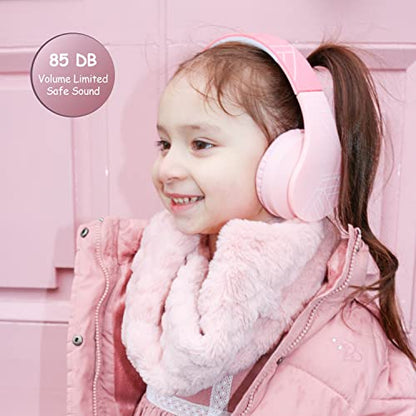 PowerLocus Bluetooth Headphones for Kids, Wireless Foldable Headphones Over Ear, Headphone with Microphone, 85DB Volume Limit, Wireless and Wired Headset with Micro SD, FM for Cellphones, Tablets, PC - color: Pink