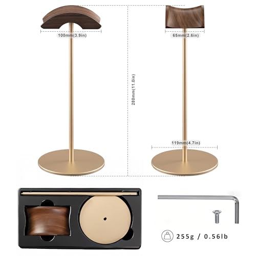 Headphone Stand, Walnut Wood & Aluminum Headset Stand, Nature Walnut Gaming Headset Holder with Solid Heavy Base for All Headphone Sizes (Gold) - color: Gold