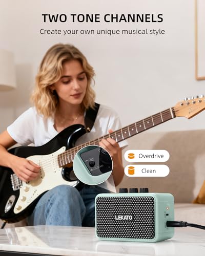 LEKATO Mini Guitar Amplifier, Dual Speakers 5W, Rechargeable Electric Guitar Amp Bluetooth with Clean Overdrive, 6H Working, Headphone Jack, Wireless Portable Small Amp for Practice, Traveling (Blue) - color: Blue