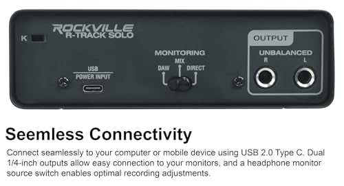 Rockville R-TRACK SOLO USB-C Audio Interface Bundle with RCM03 Mic, PRO-M50 | 24-Bit/192kHz, 2-In/2-Out, XLR/Hi-Z/TRS Inputs, 48V Phantom Power, ASIO Drivers, PRO-M50 Studio Headphones, 3-Items