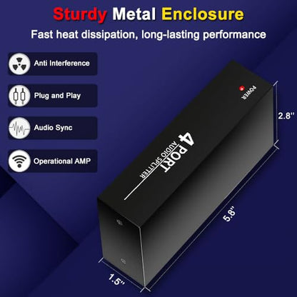 3.5mm Aux RCA L/R Audio Splitter 1 in 4 Out Audio Distributor Box | Share One 3.5mm or RCA Stereo Analog Audio Source with up to Four Powered Speakers, Subwoofers, Amplifiers, Receivers