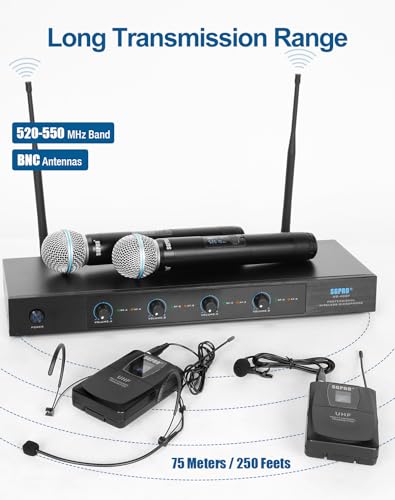 SGPRO SG-400FHB 4-Channel Wireless Microphone System | 2 handheld and 2 headset mics, 250 ft range, Metal mics and receiver, Fixed frequency, Events and live performance