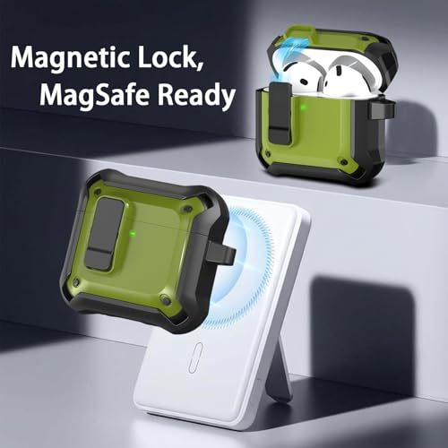 for AirPods 4 Case with Lock Magnetic Lid MagSafe, Military Grn | Compatible with Apple AirPods 4th Generation Protective Case with Cleaner Kit & Carabiner, Powerful Drop Protection - color: DHF-Military Green, size: Airpods 4th Generation