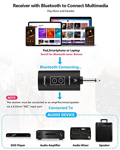 Bietrun Wireless Microphone Rechargeable, 168FT Range Bluetooth Microphone Wireless (Work 7 hrs) with 1/4'' Output, UHF Metal Handheld Dynamic Mic for Karaoke Machine/PA System/Speaker/Church/Wedding
