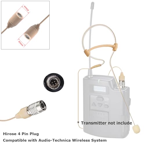 Single Earset Headset Microphone Compatible with Audio-Technica | Headworn Over Ear Hanging Condenser Omnidirectional Mic for Wireless Bodypack Transmitter System with Hirose 4 Pin Plug - style: Hirose 4 Pin Plug Compatible with Audio-Technica