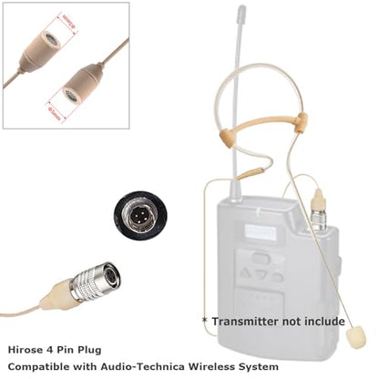 Single Earset Headset Microphone Compatible with Audio-Technica | Headworn Over Ear Hanging Condenser Omnidirectional Mic for Wireless Bodypack Transmitter System with Hirose 4 Pin Plug - style: Hirose 4 Pin Plug Compatible with Audio-Technica
