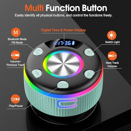 Bluetooth Shower Speaker, IP7 Waterproof Portable Bluetooth 5.3 Speakers with Suction Cup, Mini Wireless Speaker with RGB Lights Time Display, Loud Stereo Sound for Bathroom Beach Outdoor Party, Mint - color: Mint
