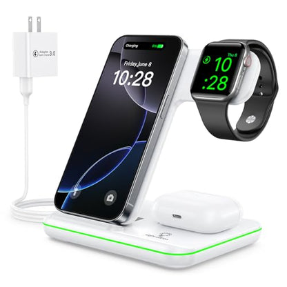 WAITIEE Foldable Wireless Charger for iPhone 17 16 15 14 13 12 11 X 8, 3 in 1 Charging Station for Apple Watch & for AirPods(White) - color: White