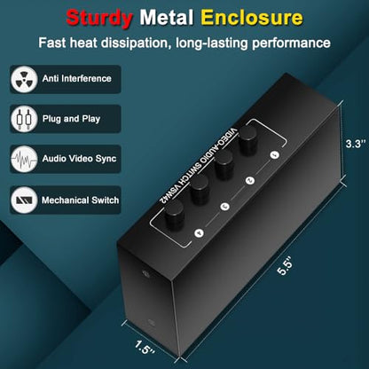 4 in 2 Out RCA AV Switch Composite Video Stereo Audio Switcher | Composite Video L/R Audio Selector Box, For VCR/DVR/DVD Player/Retro Game Consoles, Metal Housing, No Need Power, Plug & Play