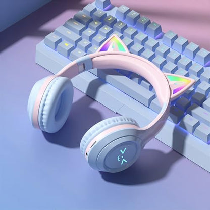 Cat-Ear Wireless Headphones Bluetooth 5.3 Over the Ear Headphones with RGB Light Built-in Mic Foldable Fashionable Stereo Headset Support TF Card for Gaming Travel PC Phone iPad（Ice Blue） - color: Ice Blue
