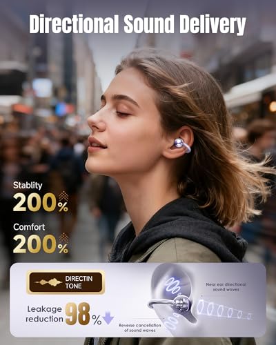 King Lucky Clip-On Earbuds Gen 3, Open-Ear Wireless Bluetooth 6.0 Headphones with Mic, Secure Fit for Small Ears & Glasses Wearers, 50H Playtime, LED Digital Display, ENC, IPX5 Waterproof (Purple) - color: Purple, size: Digital Display