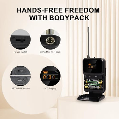 MELONARE Compact 4-Channel UHF Wireless Microphone System MWM-41-4B | 4 Headset/Lapel Microphones, 4 x 10 Frequencies, 200 ft Range, Hands-Free Vocals, Church, Conference - size: 4 Bodypack Mics