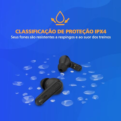 PHILIPS TAT1108 Wireless Earbuds,True Wireless Headphones,Powerful Bass with 6 mm Driver,Clear Call with AI Mic,15-Hour Battery Life,Bluetooth v5.3,IPX4 Rating,Ergonomic Design for Comfort,Black - size: With tips, style: T1108|Slim design