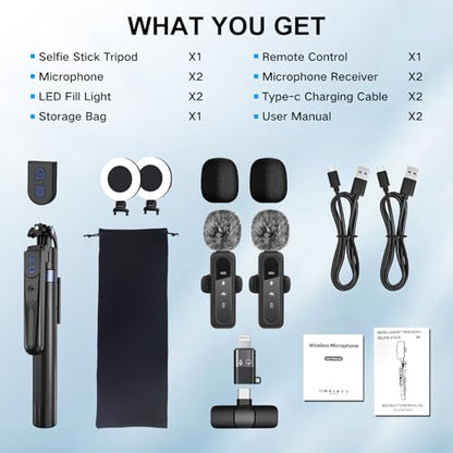 Content Creator Vlogging Kit for iPhone/Android,70-inch Auto Face Tracking Tripod for iPhone with Light and Wireless Microphones,TikTok/YouTube Starter Kit - color: Black-LM