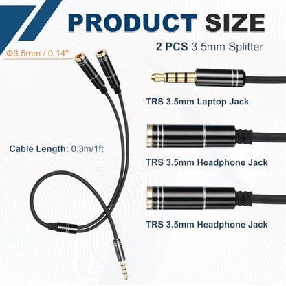 MECCANIXITY 2Pcs 3.5mm Splitter Male to 2 Dual 3.5mm Female Y Jack Aux Splitter for Phone Headset Tablets, 1ft, Black - color: Black
