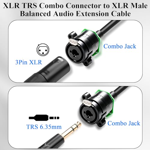 QIANRENON Combo Jack to XLR Plug Adapter Mount Short Cable XLR/TRS Combo Connector to 3 Pin XLR Male Hybrid Connector Audio Extension Cable, for Microphone Mixing Console Amplifier, 35cm/13.8in