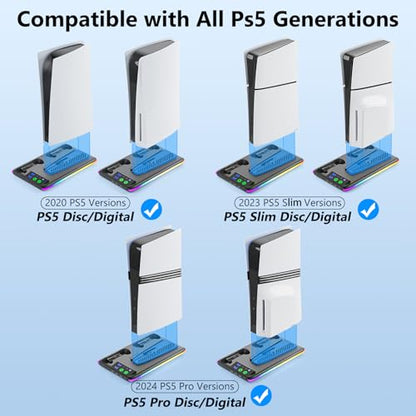 BRHE PS5/Slim/Pro Cooling & Charging Station with Cooling Fan,PS5/Slim/Pro Stand for Disc & Digital Console,PS5 Controller Charger,PS5 Accessories with 3 Charging Ports,Headset Holder - color: Black