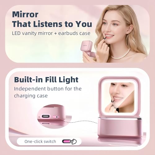 Wireless Earbuds with LED Makeup Mirror Case, Bluetooth 6.0 Open Ear Clip-On Headphones, Cute Pink Air Conduction Earphones for Women, Low Latency, Secure Fit for Running & Travel - color: Pink