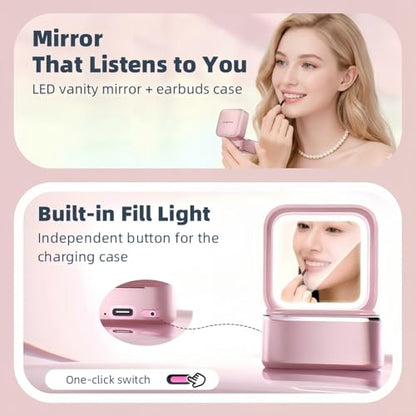 Wireless Earbuds with LED Makeup Mirror Case, Bluetooth 6.0 Open Ear Clip-On Headphones, Cute Pink Air Conduction Earphones for Women, Low Latency, Secure Fit for Running & Travel - color: Pink