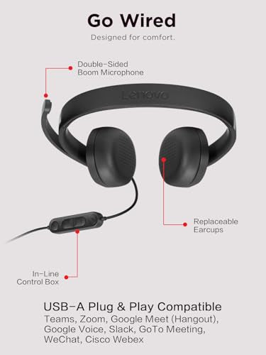 Lenovo USB-A Wired Stereo Headset for PC/Laptop, AI Noise Canceling via APP, 140g Lightweight, Replaceable Earcups, Double-Sided Boom Mic, in-line Controls with Mute for Call. Work with Teams/Zoom | Business communication and audio with USB-A connection,