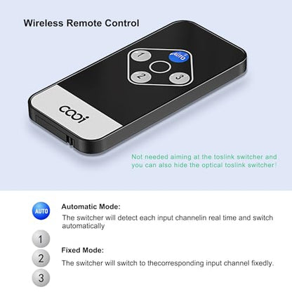 Toslink Automatic Switch Digital Optical Switcher 3 in 1 Out | Supports 192k/24Bit PCM2.0 DTS Dolby-AC3, Compatible with HDTV/Xbox/Blu-Ray Player/PS