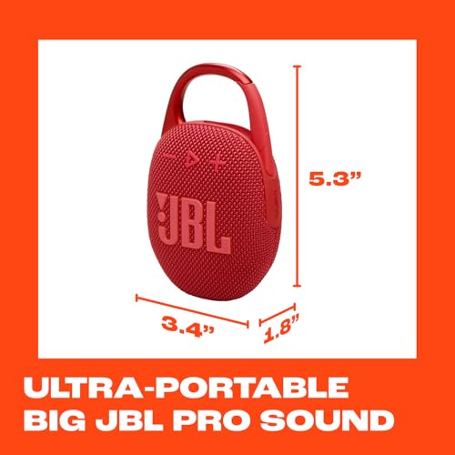 JBL Clip 5 - Ultra-Portable, Waterproof & Dustproof Bluetooth Speaker, Big JBL Pro Sound with Punchy bass, Integrated Carabiner, Up to 12 Hours of Play, Made in Part with Recycled Materials (Red) - color: Red