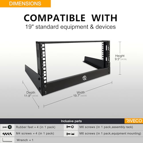 RIVECO 4U Network Rack Desktop 19 Inch 2 Post Open Frame Shelf with Reinforced Beam, Free Standing Tabletop Racks for IT Server Sound AV Equipment - size: 4U