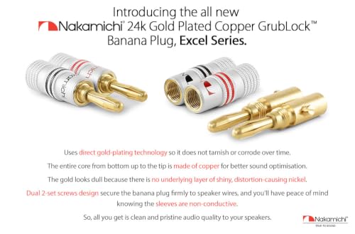 Nakamichi GrubLock Excel Series 24k Gold Plated Banana Plugs, 10-18 AWG | Gauge Size 4mm for Speakers Amplifier Hi-Fi AV Receiver Stereo Audio Wire Cable Screw Connector, 4 Pcs (2-Pairs) - size: 4 Pcs (2-Pairs)